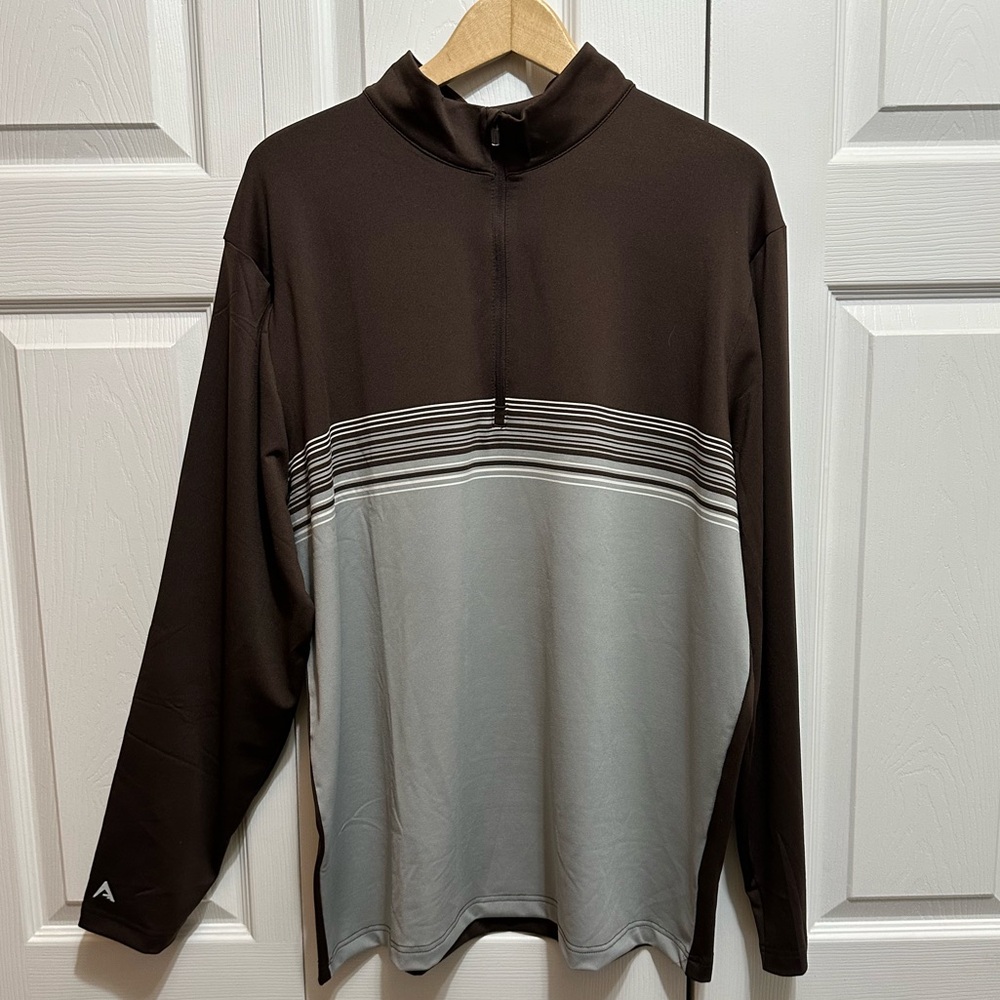 Men's Antigua Long Sleeve 1/4 Zip, Brown with Grey Stripe, Size XL